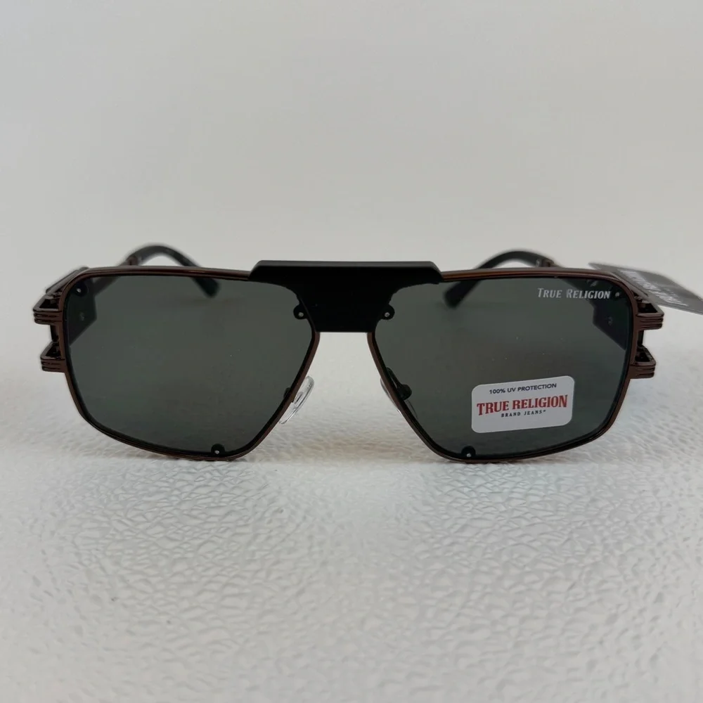 NWT True Religion Aviator Sunglasses Solid Lens Brown Frame Bold Hardware Unisex